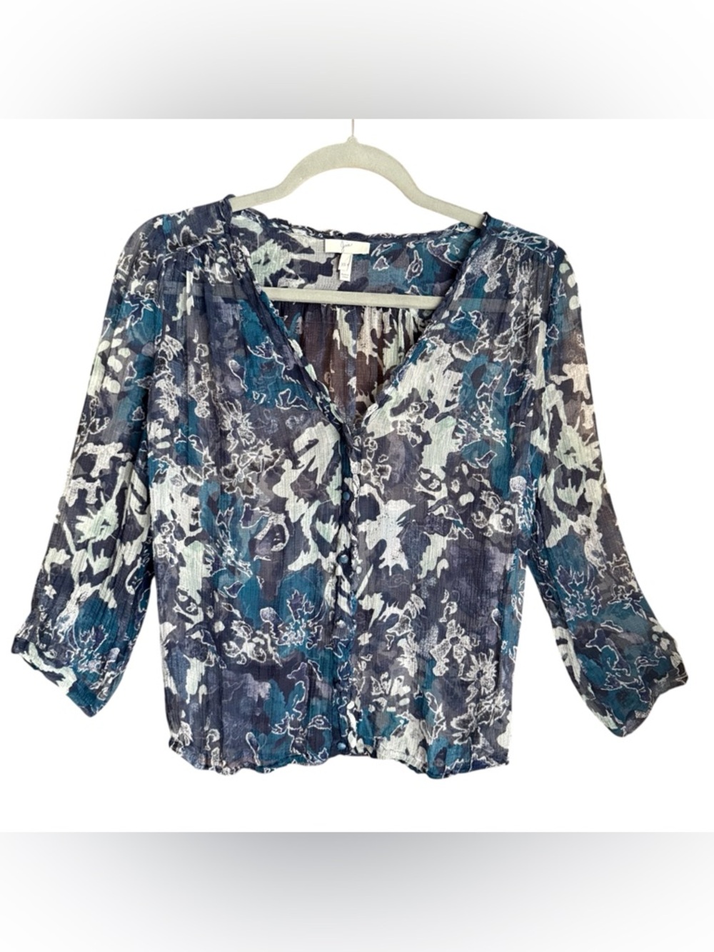 Joie Silk Blouse XS Blue Sheer Floral Button Front Elastic Hem Top